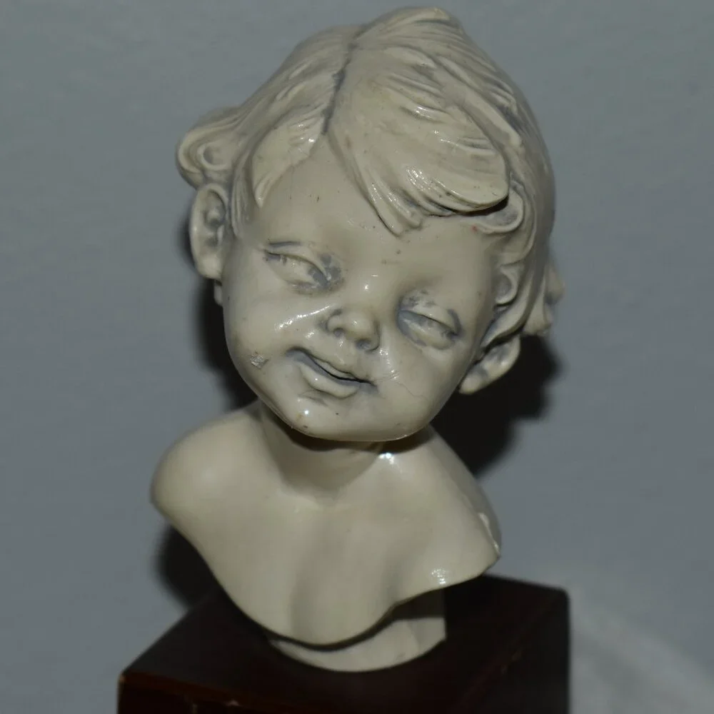 Antique Vintage Petit Resin Small Sculpture Smiling Boy Bust Decor